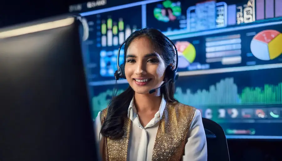 Sky Exchange desk agent with a headset answering WhatsApp messages
