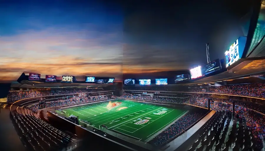 Stadium at dusk with floodlights coming on