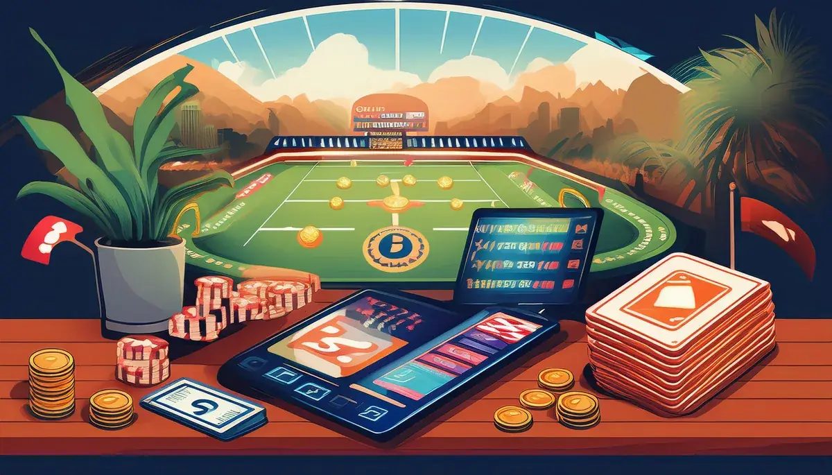 Smartphone and playing cards resting on a cricket pitch, showing the Sky Exchange app idea for Android