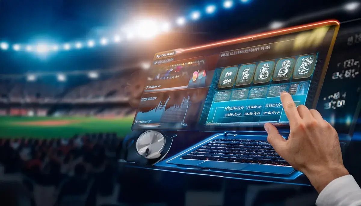 Hand holding a tablet up in a packed stadium, a Sky Exchange app user following a match on a larger screen