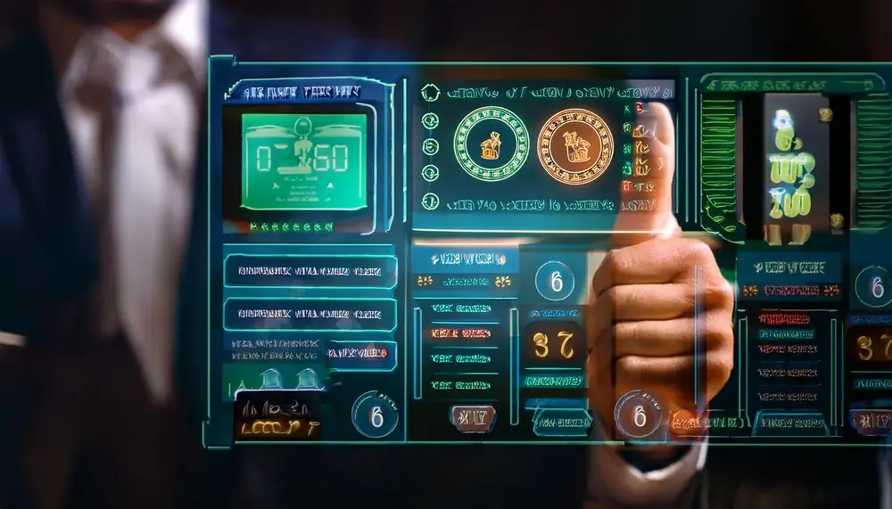 Hand pressing buttons on a digital dashboard, like a player practising bet slip controls on a Sky Exchange demo account