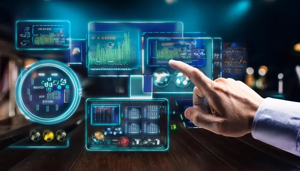 Hand selecting options on a glowing dashboard while checking Sky Exchange safety