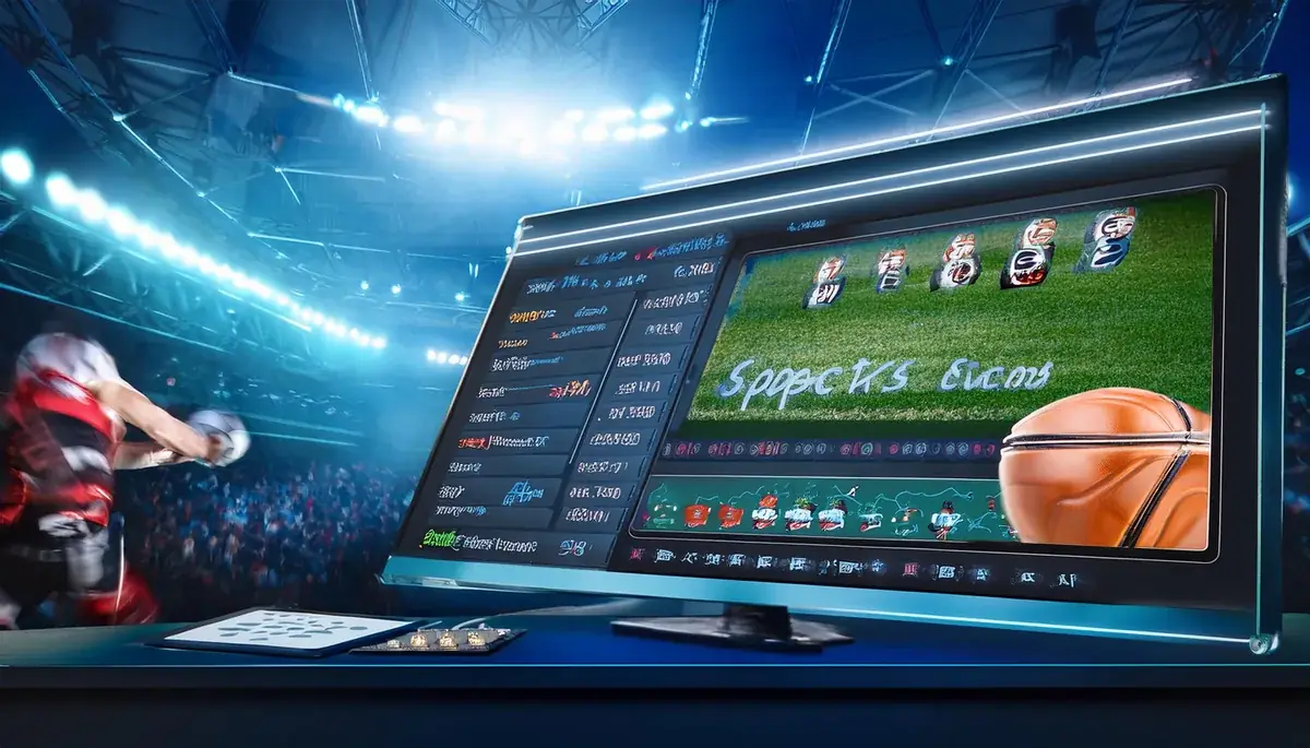 Laptop on a wooden desk showing a cricket stadium on screen, used to sign in to Sky Exchange from a browser