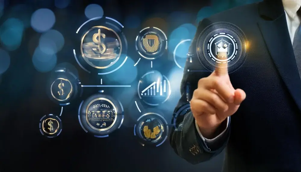 Hand touching holographic security and lock icons, representing checks that keep a Sky Exchange account and WhatsApp chat safe
